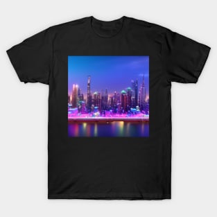 Ai Generated Art Scenery - Futuristic City Near Iluminated River With Beatiful Lighting T-Shirt
